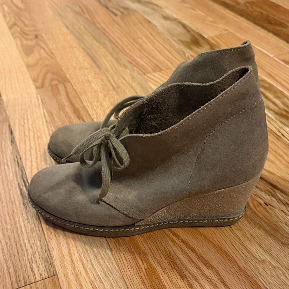 J. Crew Taupe Suede Lace-Up Wedge Booties